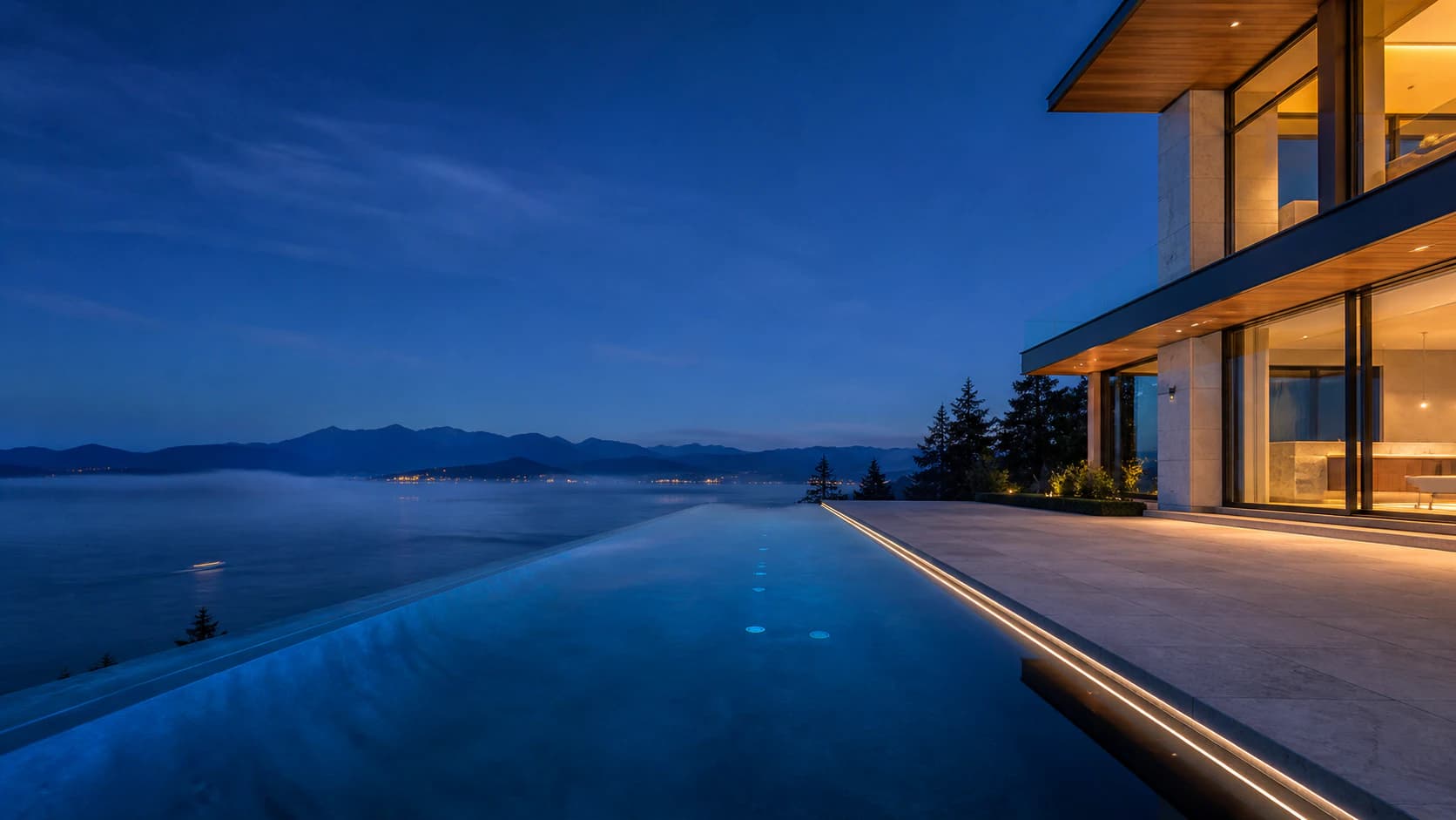 Infinity pool concept aligned to a coastal horizon