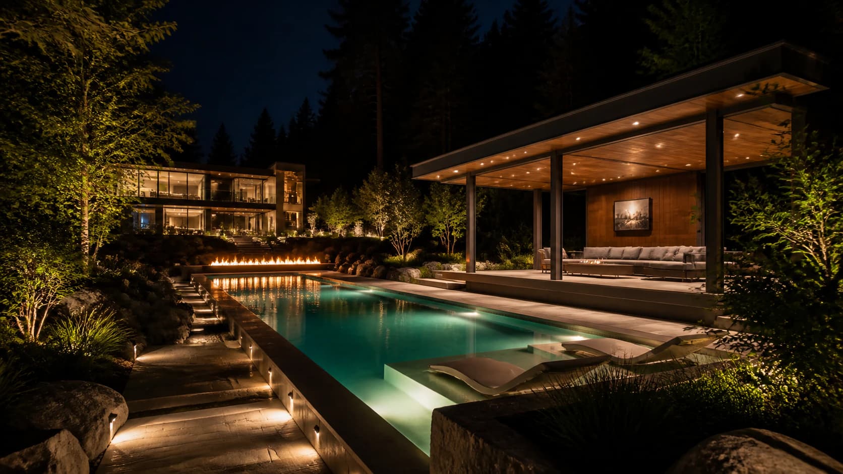 Luxury pool and pavilion concept illuminated at night